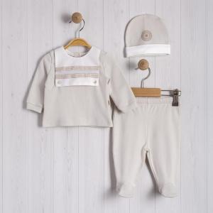 BJ3266-BE  Organic Beige Bibbed Three Piece  (0-6 months)