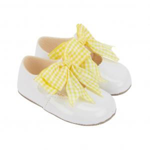 BP076WY  White Yellow "Gingham Bow" Soft Sole Shoe  (0-3)