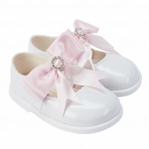 BPH035WPi  White Pink Bow & Diamante First Walker Shoe  (2-6)