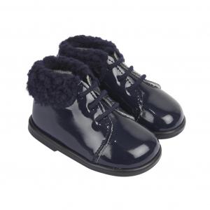 BPH515N  Navy Patent Pre-Walker Boots with Fur Collar  (2-4)