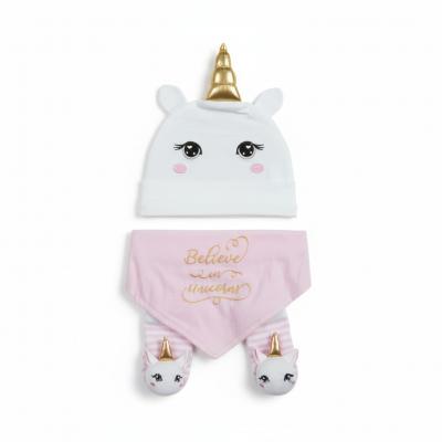 BT19C224PW  "Unicorn" Hat, Bib and Sock Set  (0-6 months)