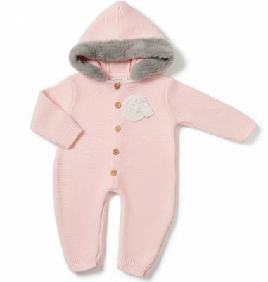JF10-1236-P  Pink Faux Fur Trim Hooded Knit Romper  (Nb-9m)