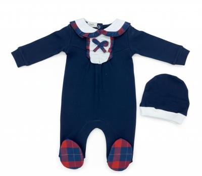 LD15065-N  Navy Tartan All In One and Hat  (0-9 months)