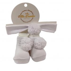 LD3570W  White Pom Pom Bootie and Headband  (0-6m)
