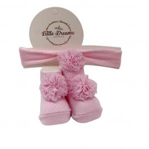 LD3570P  Pink Pom Pom Bootie and Headband  (0-6m)
