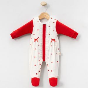 MC1102R  Red Dotty and Lace Velour All In One ( 0-9 months)