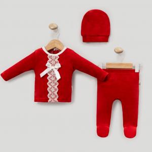 MC4042R  Red Cotton Velour Lace Three Piece  ( 0-6 months)