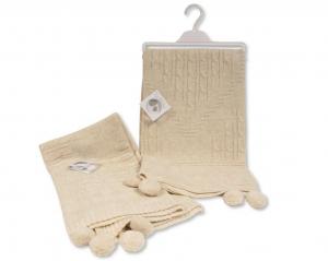 ML112-1078-T  Taupe Cable Shawl with Pom Poms 