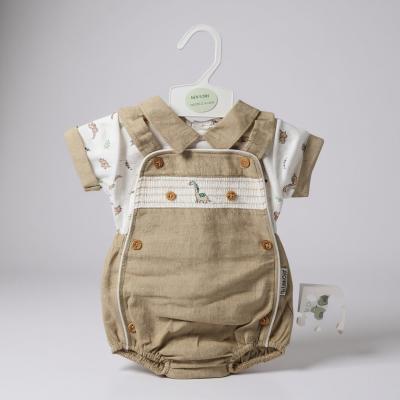 ML2120-6323-T  Smocked "Dinosaur" Linen Dungaree Set  (NB-6m)