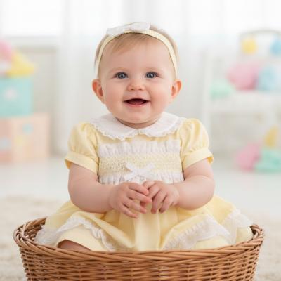 ML2120-6365y  Smocked "Lace and Bow" Dress Set  (Newborn - 6m)