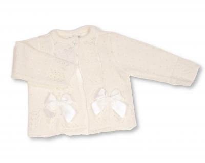 NT10-1009W-24  White Fancy Knit "Bow" Cardigan  (9-24m)