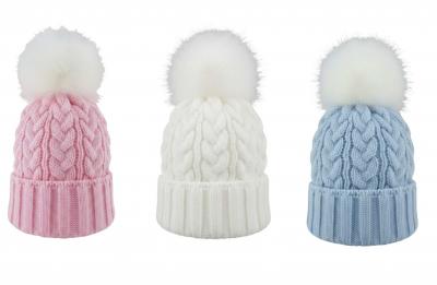 PB6131-1PWS  Cable Knit Faux Fur Pom Pom Hat  (0-6 months)
