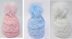 PB6132  Cable Knit Hat with Furry Pom Pom  (6-18m)