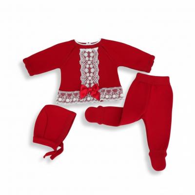 PX0752R  Red Florence Knitted "Lace and Bow" 3 Piece Set  (Nb-9m)