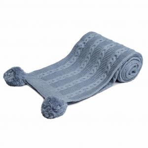 STEABP800-DBl  Dusky Blue Zero Cable Knit Wrap with Pom Poms 