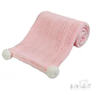 STFBP188-BP  Baby Pink Cable knit wrap with poms and sherpa 