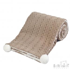 STFBP188-COF  Coffee Cable knit wrap with poms and sherpa 