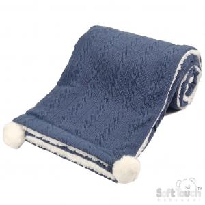 STFBP188-SB  Steel Blue Cable Knit Wrap with Poms and Sherpa 