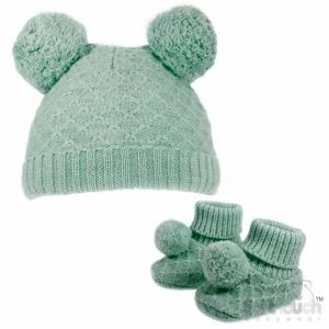 STH610-SG  Sage Green Pom Pom Hat & Bootee Set  (Nb-12 months)