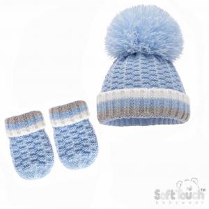 STH648-B-SM  Pom Pom Hat and Mitts  (Newborn - 12 months)