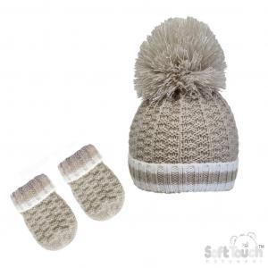 STH648-Bi-SM  Pom Pom Hat and Mitts  (Newborn - 12 months)