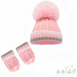 STH648-P-SM  Pom pom hat and mitts  (Newborn - 12 months)