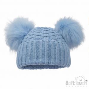 STH672-BB Blue Deluxe Check Knit Pom Pom Hat (12-24m)