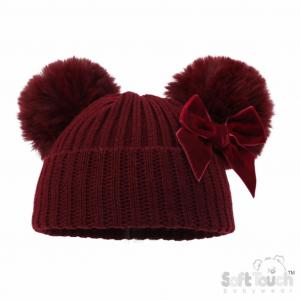 STH678-Bu  Burgundy Velvet ribbon Pom Pom Hat  (Nb-12 months)