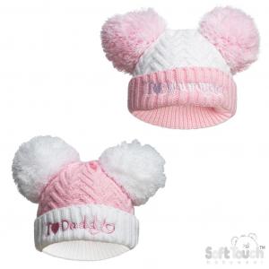 STH682-P Pink Mummy & Daddy Pom Pom hat (NB-12 months)