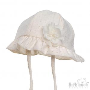 STH80-C  Cream Broderie Anglaise Flower Hat  (0-24 months)