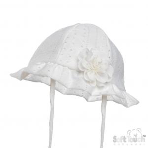 STH80-W  White Broderie Anglaise Flower Hat  (0-24 months)