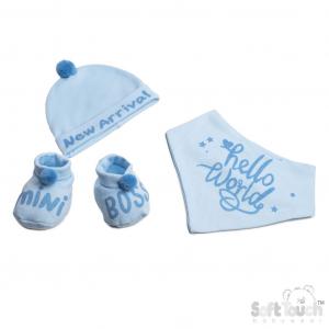 STHBB254-B  "Hello World" Bib,Hat & Bootee Pom Pom Set (NB - 3m)