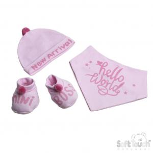 STHBB254-P  "Hello World" Bib, Hat & Bootee Pom Pom Set  (NB-3m)