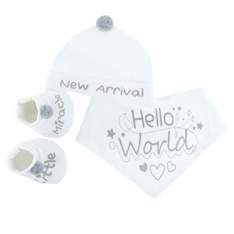 STHBB254-W  "New Arrival" Bib, Hat & Bootee Pom Pom Set  (NB-3m)