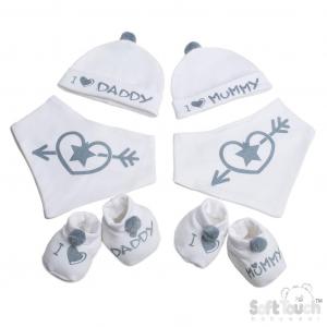 STHBB258-DB  "Mummy/Daddy" Bib, Hat & Bootee Pom Pom Set  (NB-3m)