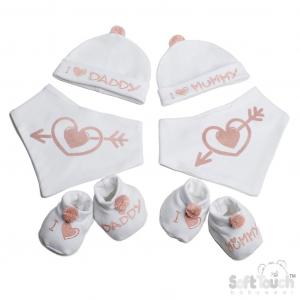 STHBB258-DP  "Mummy/Daddy" Bib, Hat & Bootee Pom Pom Set  (NB-3m)