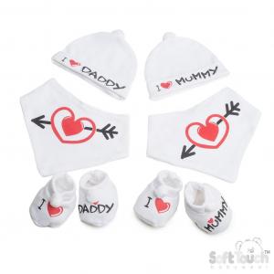 STHBB258-RB  "Mummy/Daddy" Bib, Hat & Bootee Pom Pom Set  (NB-3m)