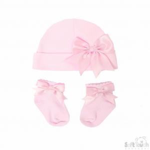 STHS104-P Pink Hat and Sock Set with Bow (NB - 6months)
