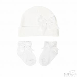 STHS104-W White Hat and Sock Set with Bow (NB - 6months)