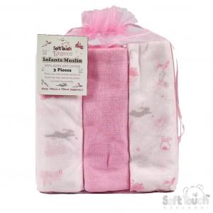 STMS15-P Three Pack Deluxe Pink Muslins in a Net Bag