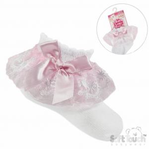 STS115-WP  White/Pink Organza and Lace Sock  (NB - 18m)