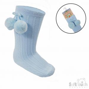 STS355-B-0-6   Elegance Sky Blue  Pom pom Sock  (0-6 months)