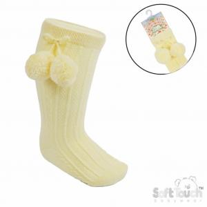 STS355-LEM   Lemon Yellow Elegance Pom pom Sock  (0-24m)
