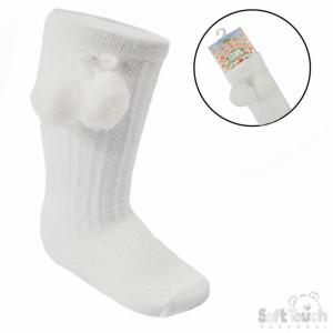 STS355-W  Elegance White Pom pom Sock  (0-24 months)