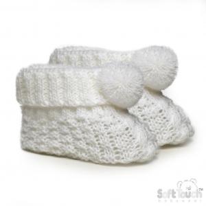STS443-W  White Pom Pom Booties  (newborn +)