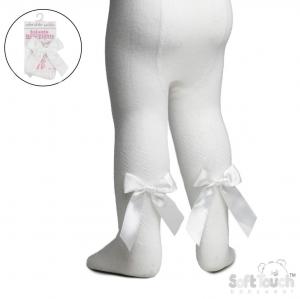 STT120-C  Cream Jaquard Tights with Long Bow  (NB to 24m)