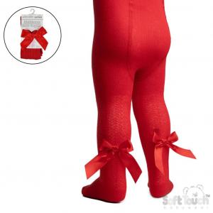 STT170-Red  Red Jacquard Tights with Long Bows  (2-5 years)