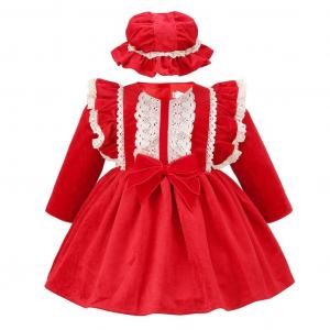 TiK245Red-A  Velvet Bow Dress and hat  (0-12 months)